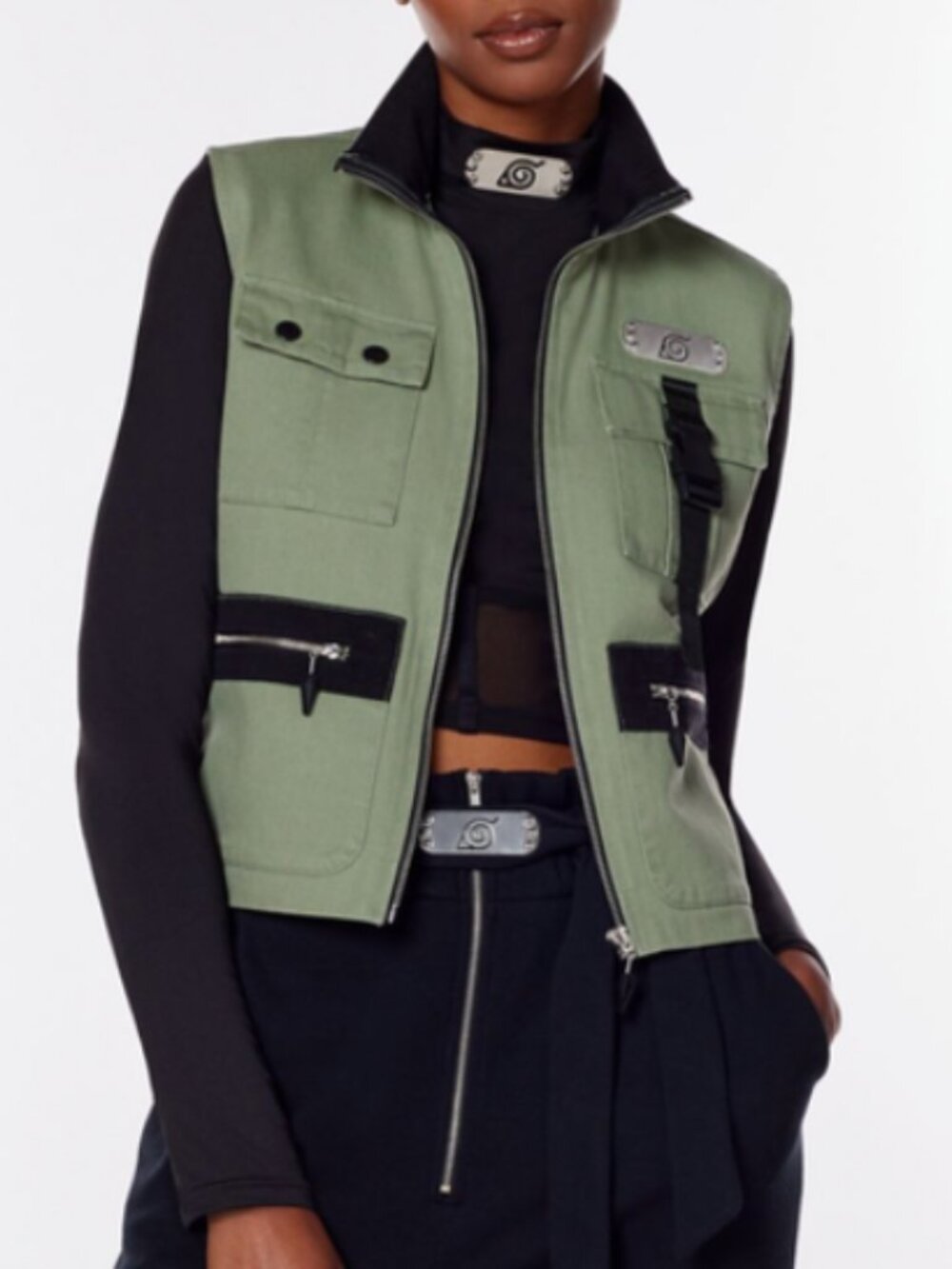 Naruto Shippuden Kakashi Jonin Vest Green Women's Size L Full Zip Anime Cosplay